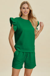 Double Take Full Size Texture Round Neck Ruffle Sleeve Top and Shorts Set OutfitFlow